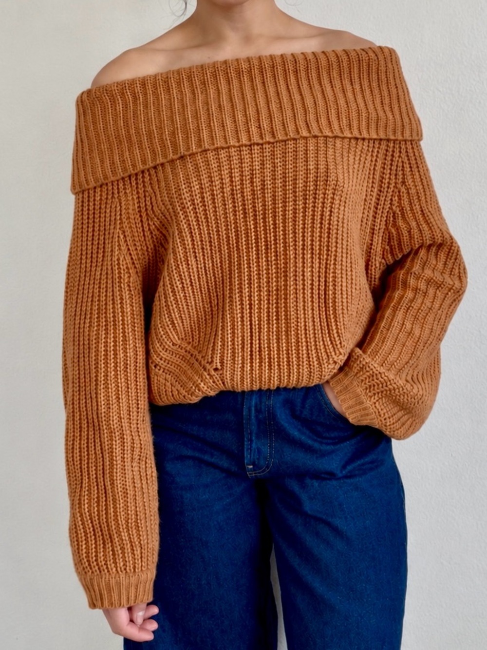 Lulus Off the Shoulder Slouchy Relaxed Fit Ribbed Sweater Brown Women’s L